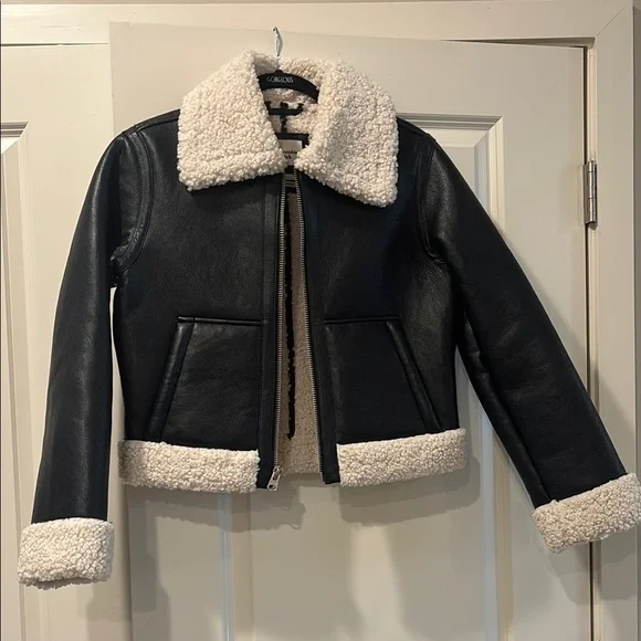 Abercrombie & Fitch Black and Cream Leather Jacket with Shearling Trim - Picture 1 of 5
